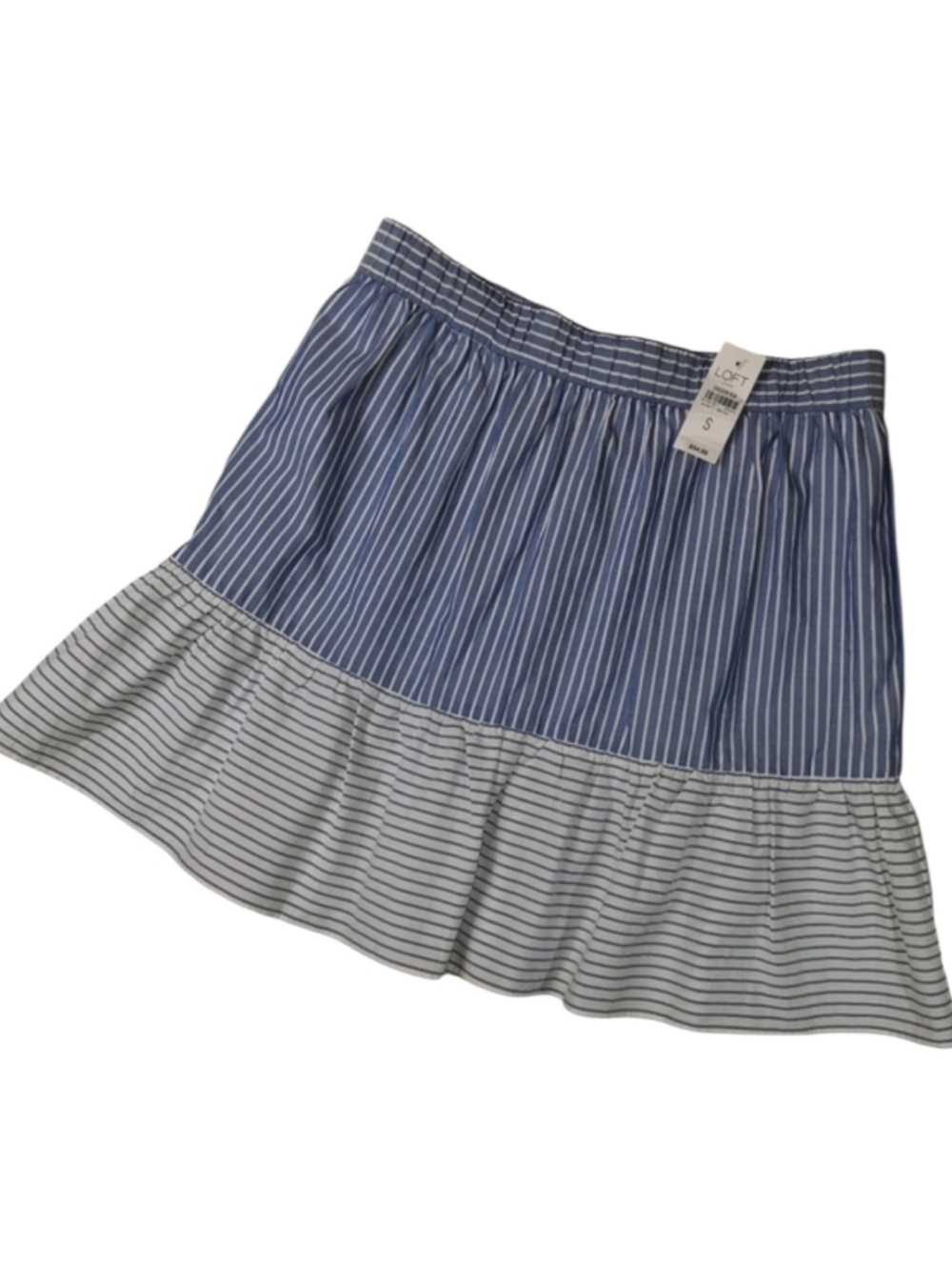 Loft NWT Chambray Blue White Stripe Flounce Hem Skirt SZ S